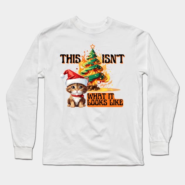 Funny Christmas Cat with Santa Hat Sitting in Front of Burning Tree Long Sleeve T-Shirt by TheCloakedOak